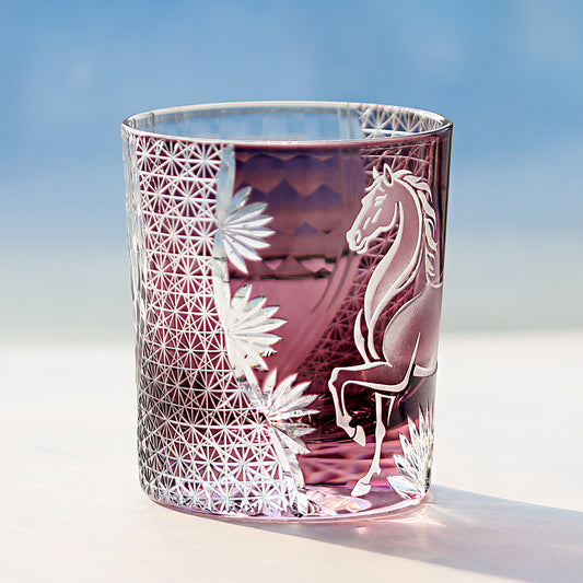JP-035 250 ml Edo Kiriko Handcrafted Meiba Whisky Glass Tumbler Purple Hand Cutting Zodiac Horse Design