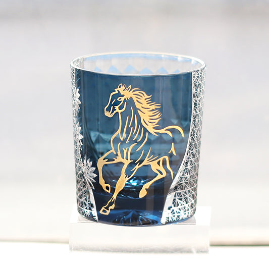 JP-033 New Edo Kiriko Handcrafted Meiba Whisky Glass Tumbler Smokey Blue with Gold Hand Cutting Zodiac Horse