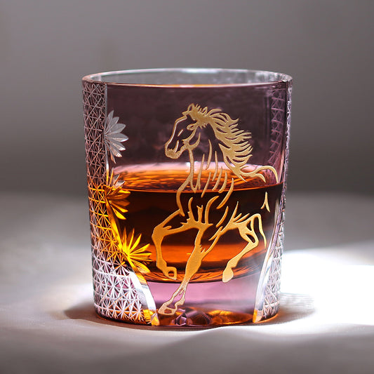 JP-033 New Edo Kiriko Handcrafted Meiba Whisky Glass Tumbler Purple with Gold Hand Cutting Zodiac Horse