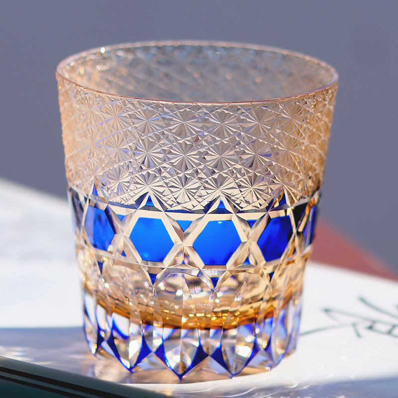 JP-107 32 cl Handmade Blue Colored Crystal Glass Whiskey Tumbler Edo Kiriko's Hand Cutting Garlands of hexagons And Chrysanthemum Mesh Edo Kiriko Old Fashioned Glass