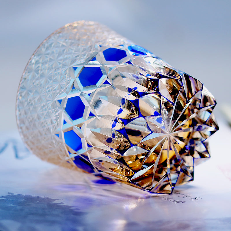 JP-107 32 cl Handmade Blue Colored Crystal Glass Whiskey Tumbler Edo Kiriko's Hand Cutting Garlands of hexagons And Chrysanthemum Mesh Edo Kiriko Old Fashioned Glass