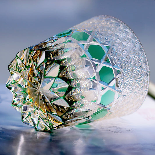 JP-107 32 cl Japanese Style Green Colored Whiskey Glass Tumbler Edo Kiriko's Garlands of hexagons And Chrysanthemum Mesh