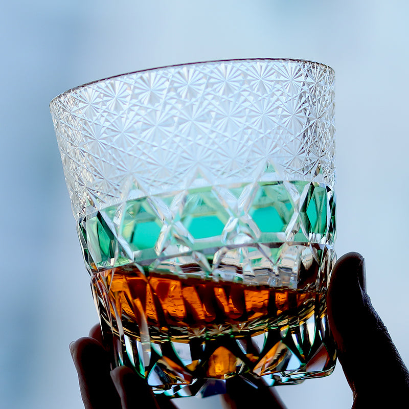 JP-107 32 cl Japanese Style Green Colored Whiskey Glass Tumbler Edo Kiriko's Garlands of hexagons And Chrysanthemum Mesh