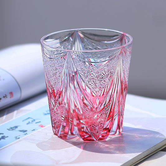 JP-115 New Luxury Hand Cut To Clear And Gold Pink Crystal Glass Old fashioned Whisky Tumbler 320 ml Edo Kiriko's Hand Cutting Sail And Chrysanthemum Mesh Pattern
