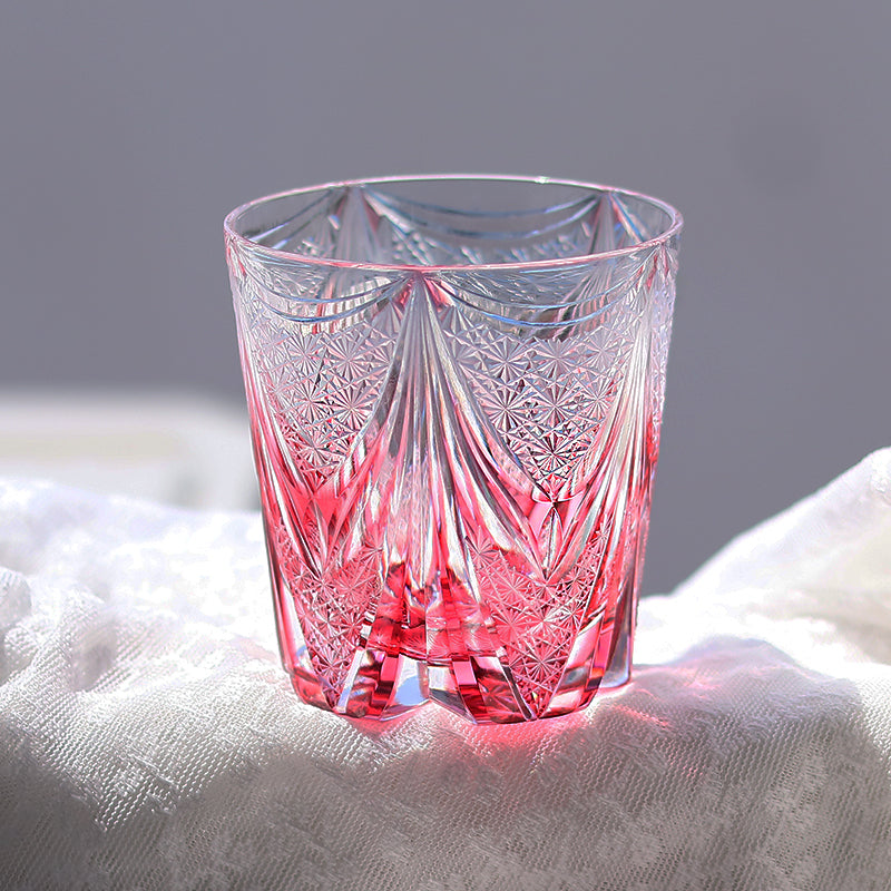 JP-115 New Luxury Hand Cut To Clear And Gold Pink Crystal Glass Old fashioned Whisky Tumbler 320 ml Edo Kiriko's Hand Cutting Sail And Chrysanthemum Mesh Pattern