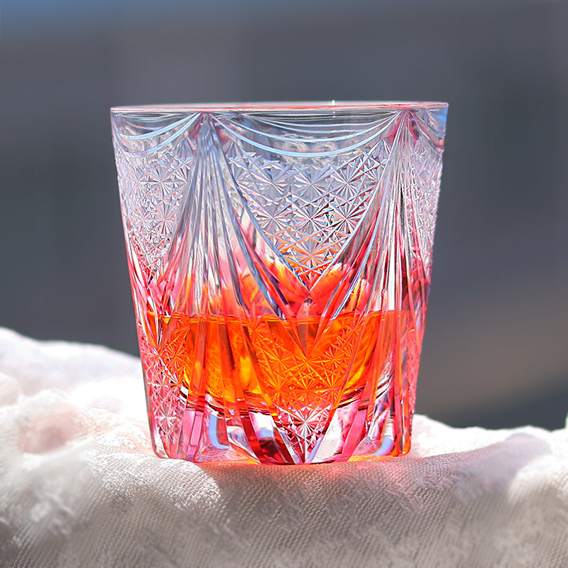 JP-115 New Luxury Hand Cut To Clear And Gold Pink Crystal Glass Old fashioned Whisky Tumbler 320 ml Edo Kiriko's Hand Cutting Sail And Chrysanthemum Mesh Pattern
