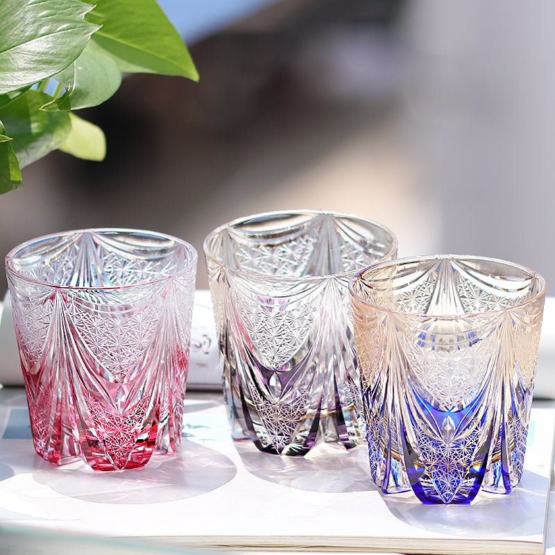 JP-115 New Luxury Hand Cut To Clear And Gold Pink Crystal Glass Old fashioned Whisky Tumbler 320 ml Edo Kiriko's Hand Cutting Sail And Chrysanthemum Mesh Pattern