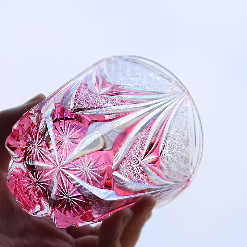JP-115 New Luxury Hand Cut To Clear And Gold Pink Crystal Glass Old fashioned Whisky Tumbler 320 ml Edo Kiriko's Hand Cutting Sail And Chrysanthemum Mesh Pattern