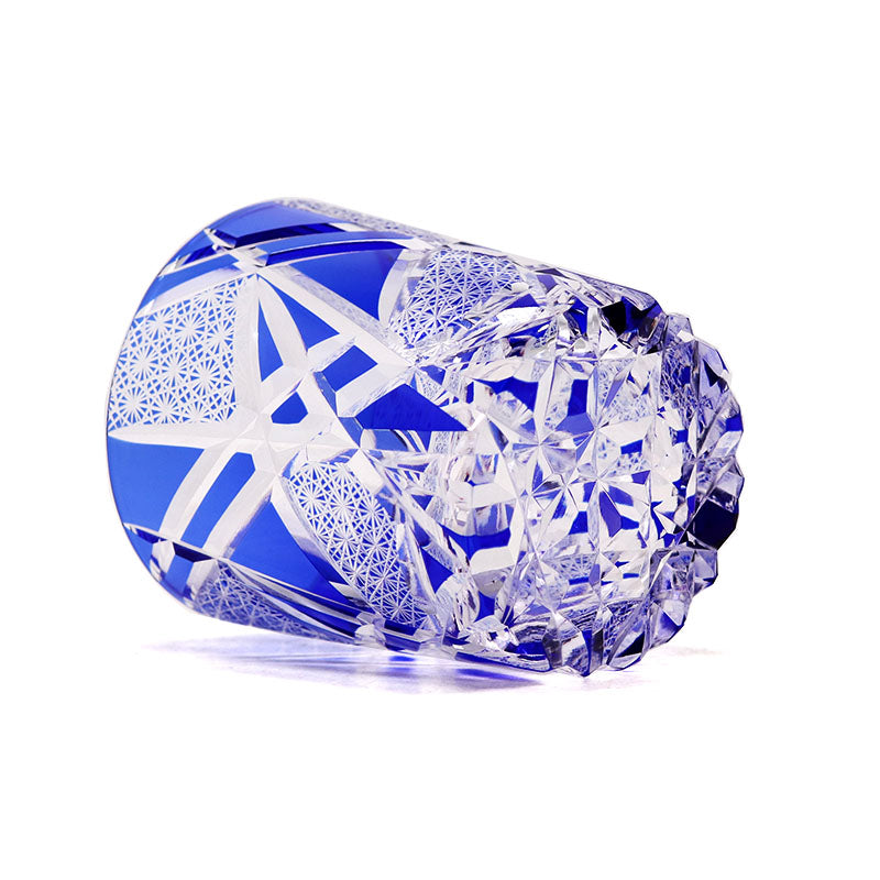 Hand Cut Lightning Whiskey Glass Tumbler Blue 9oz