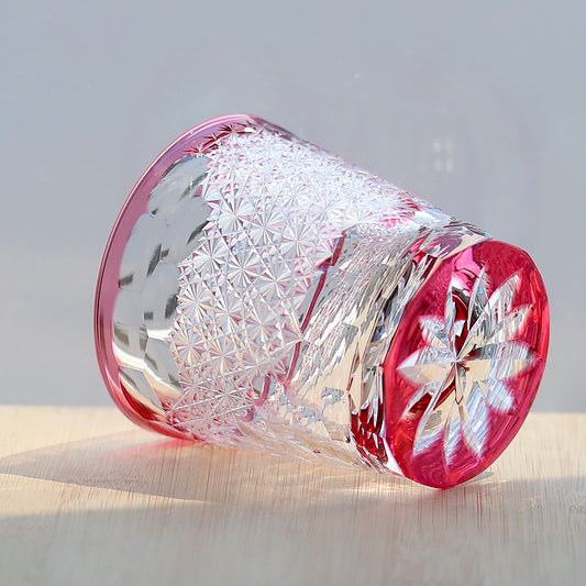 JP-131 Hand Blown Japanese Style Whiskey Old Fashioned Glass Edo Kiriko Gold Pink Rocks Cocktail Tumbler With Gift Box