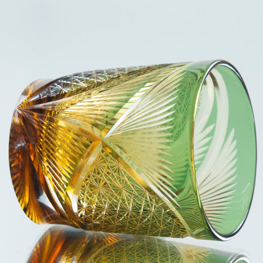 JP-030 250 ml Green and Amber Tinted Glass Whiskey Cup With Hand Cut Classic Chrysanthemum And Fans 2 different Design