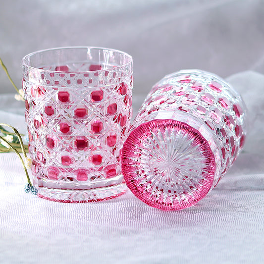 JP-122 250 ml Edo Kiriko's Whiskey Glass Pink Old Fashioned Glass Hand Cut Octagonal Basket Weave Design