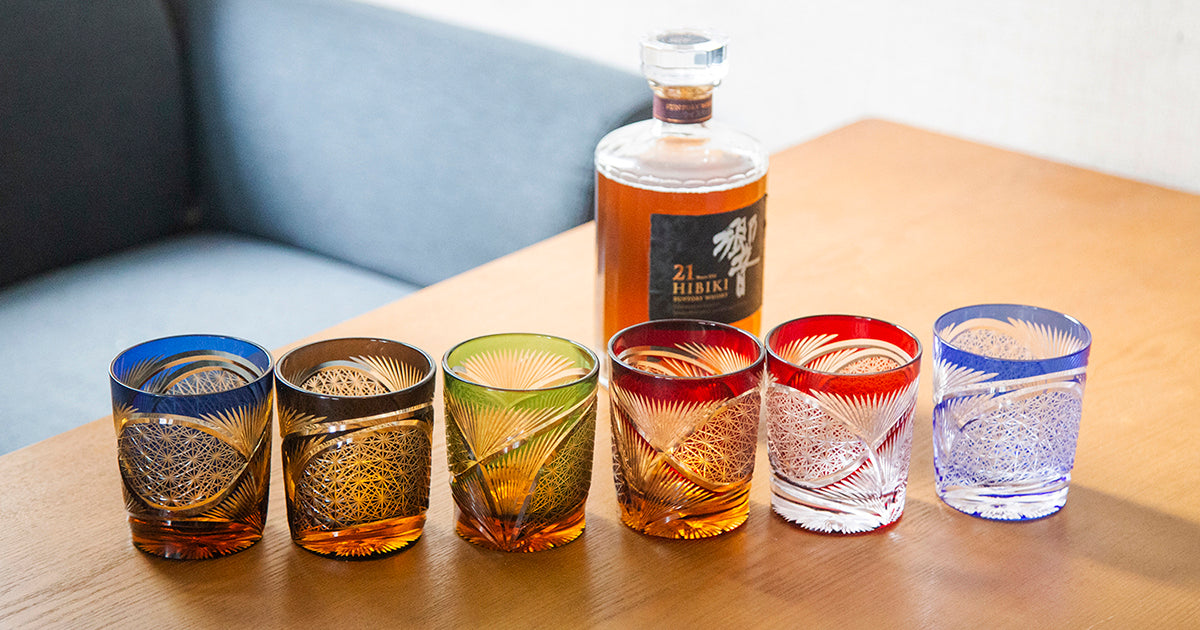 JP-030 250 ml Green and Amber Tinted Glass Whiskey Cup With Hand Cut Classic Chrysanthemum And Fans 2 different Design
