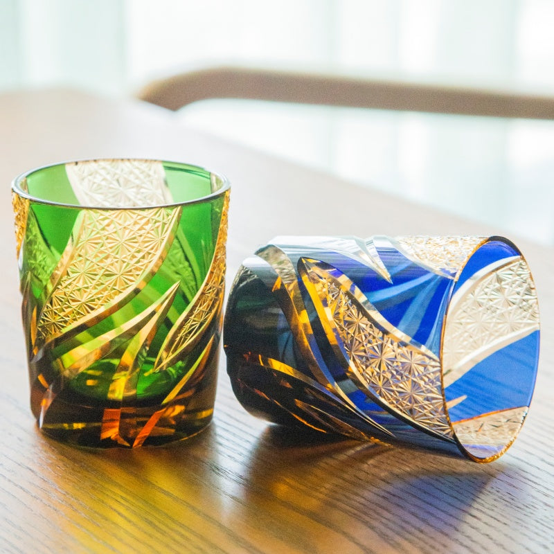 JP-029 25 CL Green and Amber Tinted Glass Whiskey Tumbler With Classic Hand Cut Burning Flame Pattern