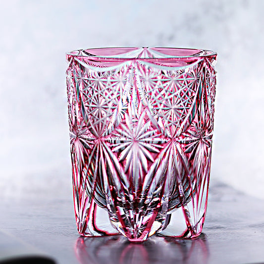 JP-121 8.5 oz Hand Cut To Clear And Pink Cased Glass Whiskey Glass Edo Kiriko Glass Tumbler For Rocks Old Fashioned Cocktail