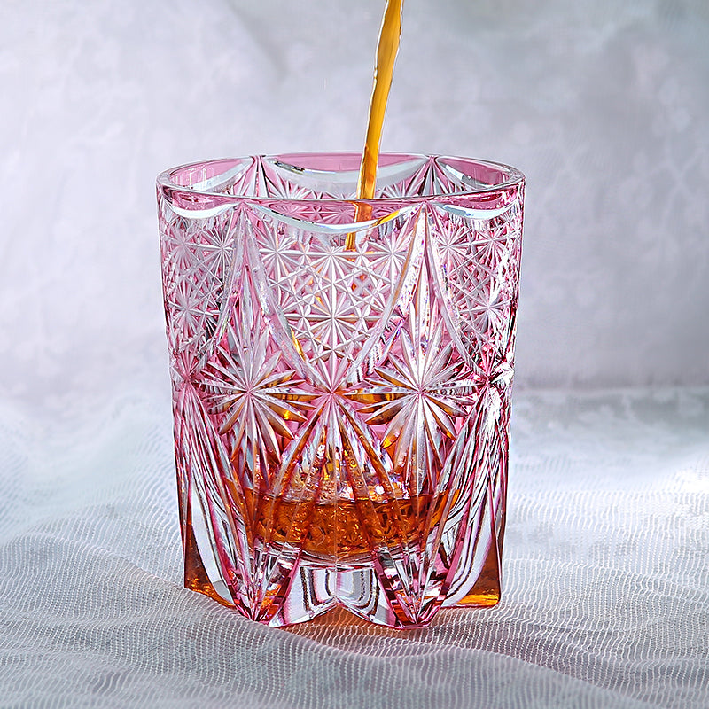 JP-121 8.5 oz Hand Cut To Clear And Pink Cased Glass Whiskey Glass Edo Kiriko Glass Tumbler For Rocks Old Fashioned Cocktail