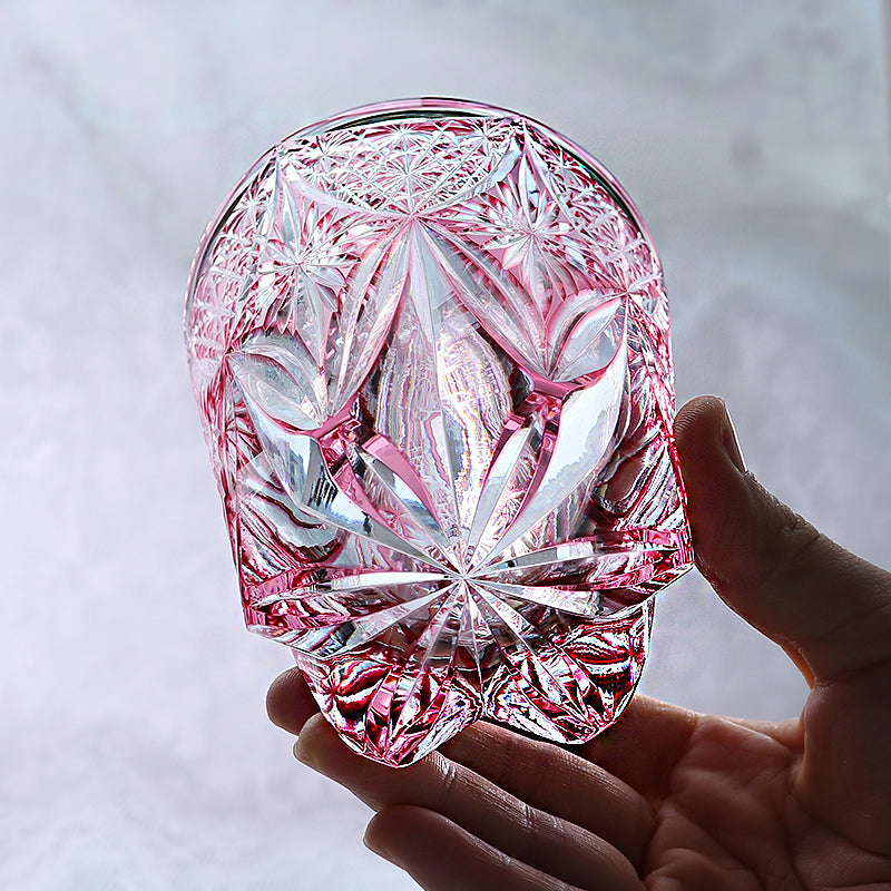 JP-121 8.5 oz Hand Cut To Clear And Pink Cased Glass Whiskey Glass Edo Kiriko Glass Tumbler For Rocks Old Fashioned Cocktail