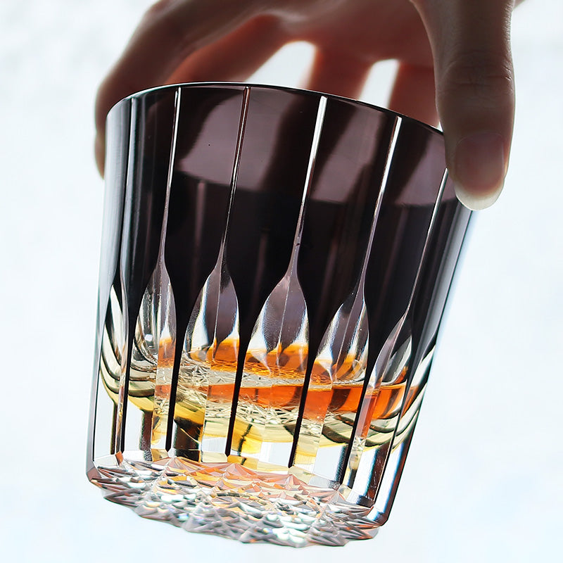 JP-050-2 New 11 oz Edo Kiriko Dark Purple Cased Glass Whiskey Old Fashioned Tumblers Hand engraved Asterism Patterns