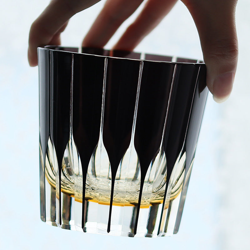 JP-050-2 New 11 oz Edo Kiriko Dark Purple Cased Glass Whiskey Old Fashioned Tumblers Hand engraved Asterism Patterns