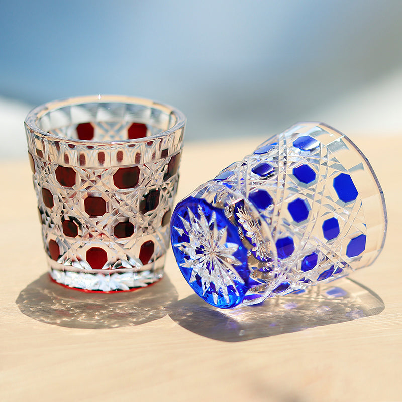 QJ-05 35ml Hand Cut To Clear Dark Blue soju shot glass for whiskey, vodka, tequila, chilled sake