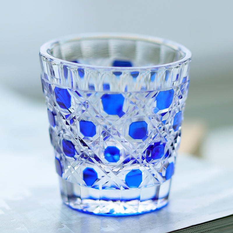 QJ-05 35ml Hand Cut To Clear Dark Blue soju shot glass for whiskey, vodka, tequila, chilled sake