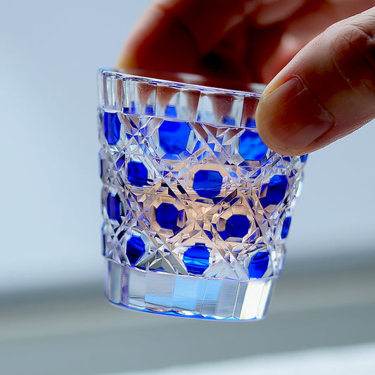 QJ-05 35ml Hand Cut To Clear Dark Blue soju shot glass for whiskey, vodka, tequila, chilled sake