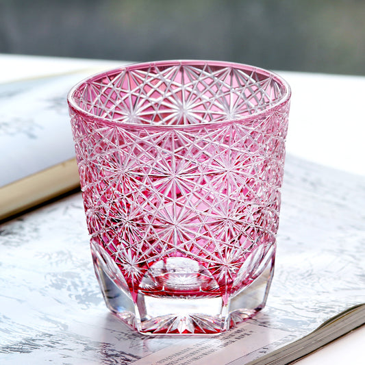 Side angle of 24% Lead Crystal Hand Cut To Clear Whiskey Glass Pink - JINZHI GLASS crystal glassware