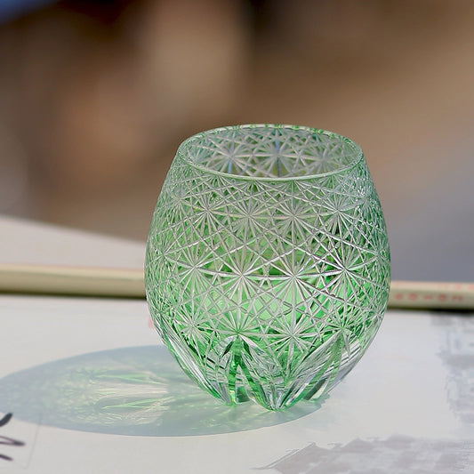 Hand-Cut Edo Kiriko Green Starburst Whiskey Tumbler 12oz