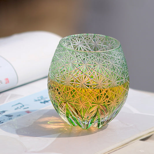 JP-102 330ml Green Edo Kiriko Whiskey Glasses Egg Shaped Cocktail Tumbler Japanese Style Hand Engraved Old Fashioned Glass In Gift Box