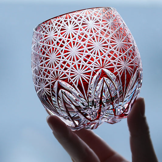 JP-102 330ml Ruby Red Edo Kiriko Whiskey Glasses Egg Shaped Cocktail Tumbler Japanese Style Hand Engraved Old Fashioned Glass In Gift Box