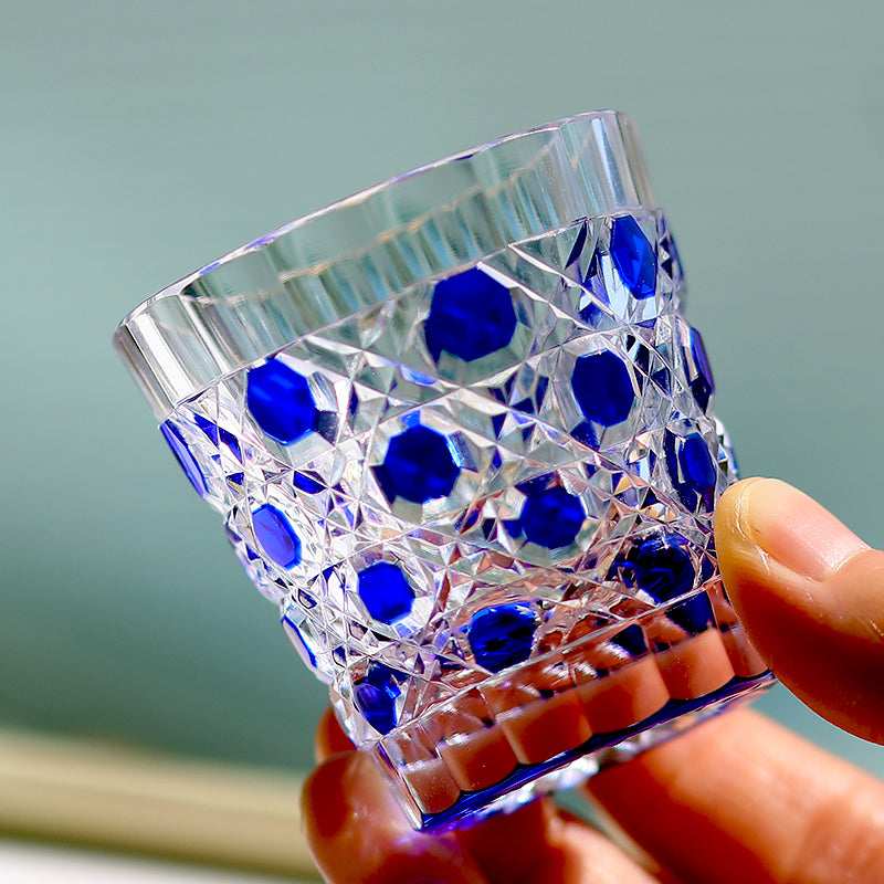 QJ-05 35ml Hand Cut To Clear Dark Blue soju shot glass for whiskey, vodka, tequila, chilled sake
