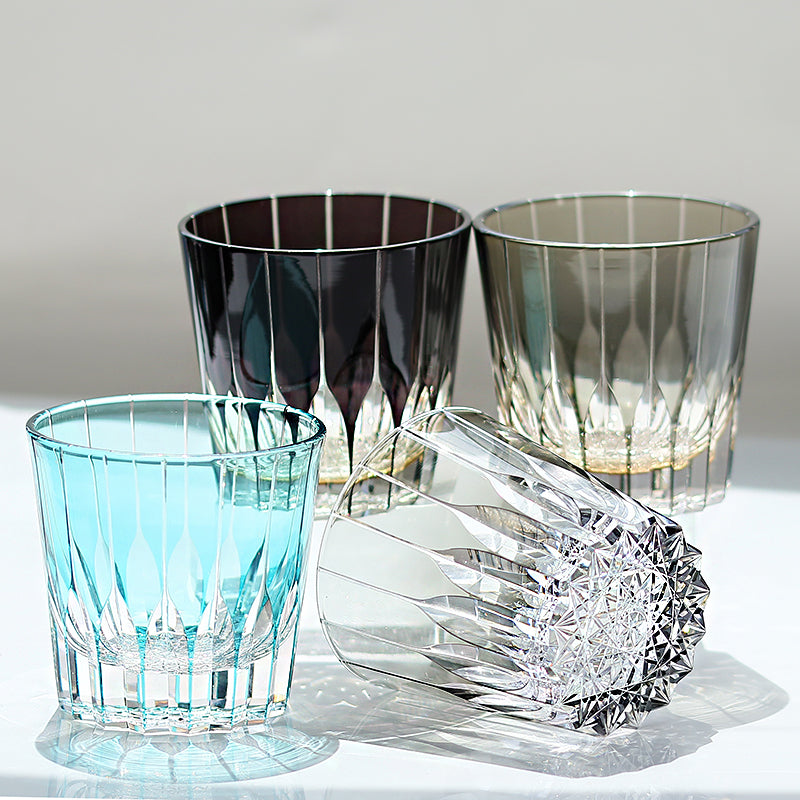 JP-050-2 New 11 oz Edo Kiriko Dark Purple Cased Glass Whiskey Old Fashioned Tumblers Hand engraved Asterism Patterns