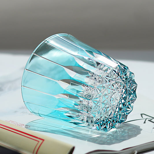 JP-050-4 New 11 oz Sky Blue Handmade Edo Kiriko Color Cased Glass Whiskey Old Fashioned Tumblers Hand engraved Asterism Patterns