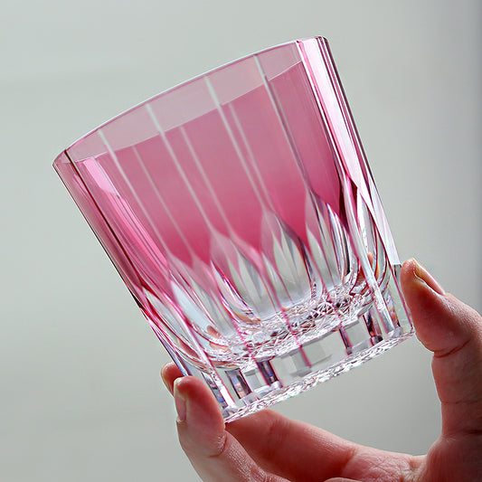 JP-050-5 New 11 oz Hand Blwon Gold Pink Color Cased Glass Whiskey Glass Edo Kiriko Old Fashioned Tumblers Hand engraved Asterism Patterns