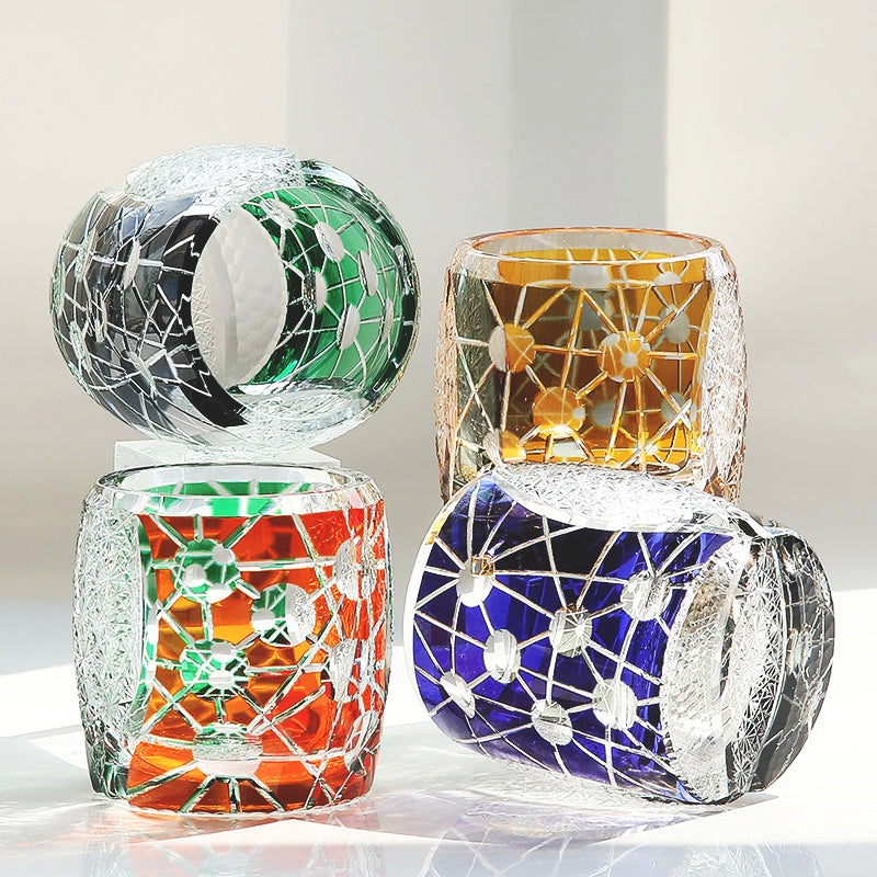 JP-077 Green Red Edo Kiriko Style Whiskey Glass Tumblers Adorned With Hand Carved Chrysanthemum Mesh and Balls