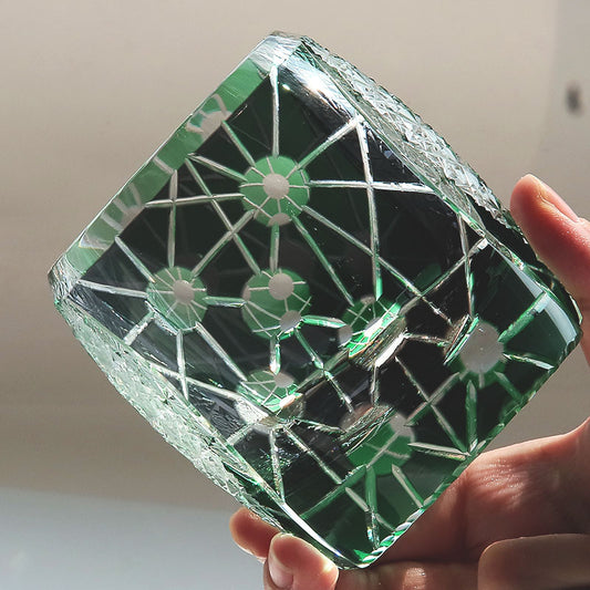 JP-077 Green Black Edo Kiriko Style Whiskey Glass Tumblers Adorned With Hand Carved Chrysanthemum Mesh and Balls