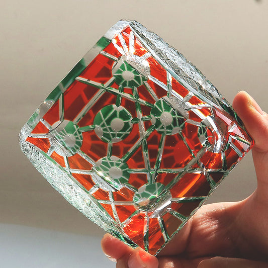 JP-077 Green Red Edo Kiriko Style Whiskey Glass Tumblers Adorned With Hand Carved Chrysanthemum Mesh and Balls