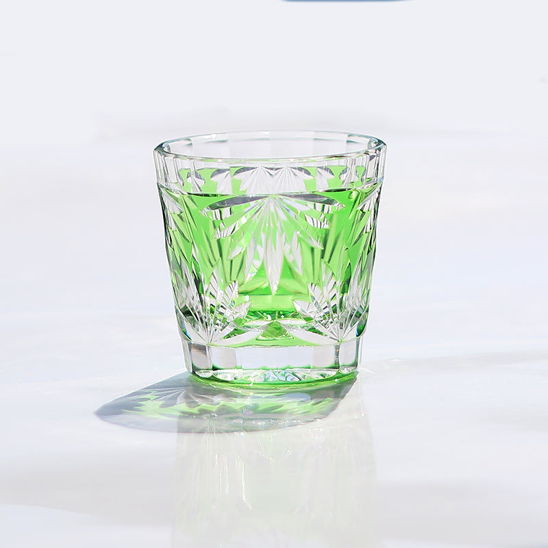 QJ-06-2 35ml Hand Cut Bamboo Design Sake Glass Green Edo Kiriko soju shot glass for whiskey, vodka, tequila, chilled sake