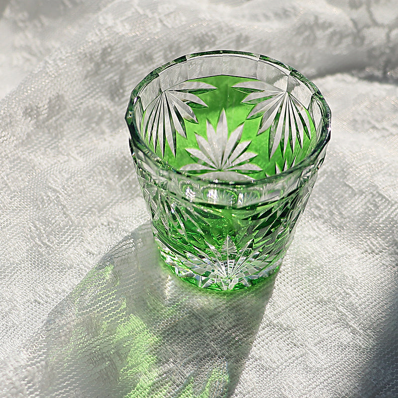 QJ-06-2 35ml Hand Cut Bamboo Design Sake Glass Green Edo Kiriko soju shot glass for whiskey, vodka, tequila, chilled sake