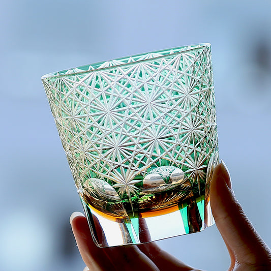 JP-048-3 320ml Green Tinted Crystal Glass Old Fashioned Whiskey Tumblers Hand Cutting Chrysanthemum Design