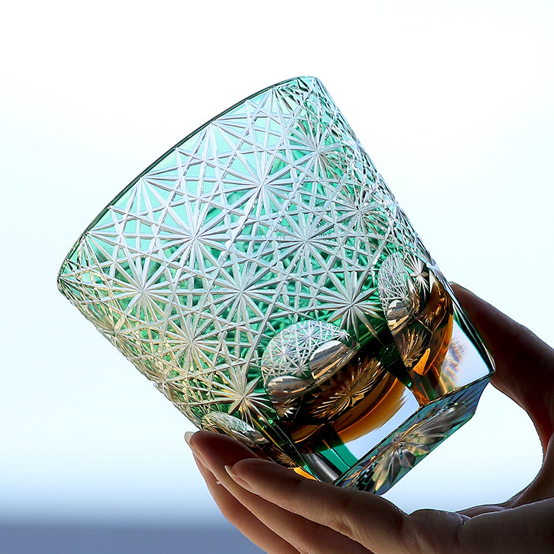 JP-048-3 320ml Green Tinted Crystal Glass Old Fashioned Whiskey Tumblers Hand Cutting Chrysanthemum Design