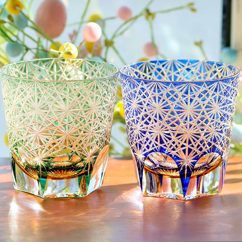 JP-048-3 320ml Green Tinted Crystal Glass Old Fashioned Whiskey Tumblers Hand Cutting Chrysanthemum Design