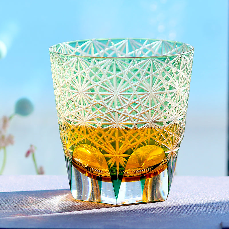 JP-048-3 320ml Green Tinted Crystal Glass Old Fashioned Whiskey Tumblers Hand Cutting Chrysanthemum Design