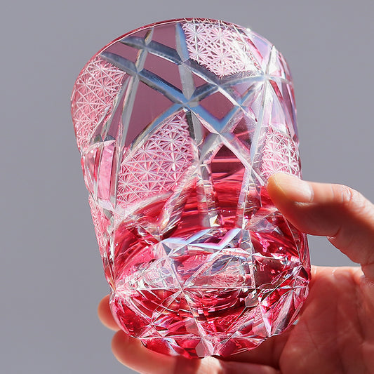 JP-042 New Handcrafts Gold Pink Cased Glass Whiskey Tumbler Edo Kiriko's Lightning Streaks Patter In Gift Box