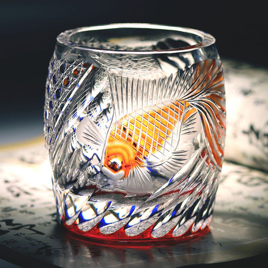 JP-075 Hand Carved Gold Fishing Rocks Cocktail Whiskey Glasses Japanese Edo Kiriko Style Whiskey Glass Tumblers Blue Red