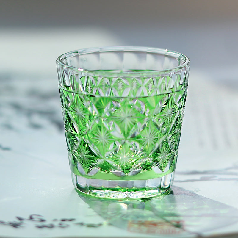 QJ-08 Hand cut to clear green 35ml edo kiriko shot glass sake glass 1 oz min soju glasses vodka, tequila