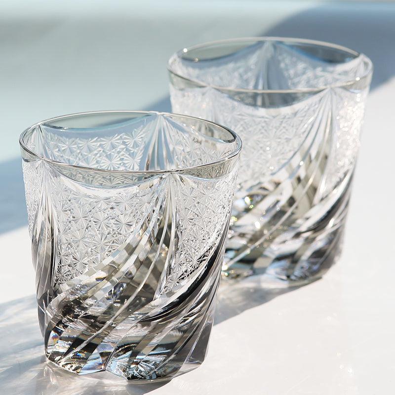 JP-139-2 11 oz Hand Cut and Grey Colored Whiskey Glass Tumbler Edo Kiriko Old Fashioned Glasses Gift Box