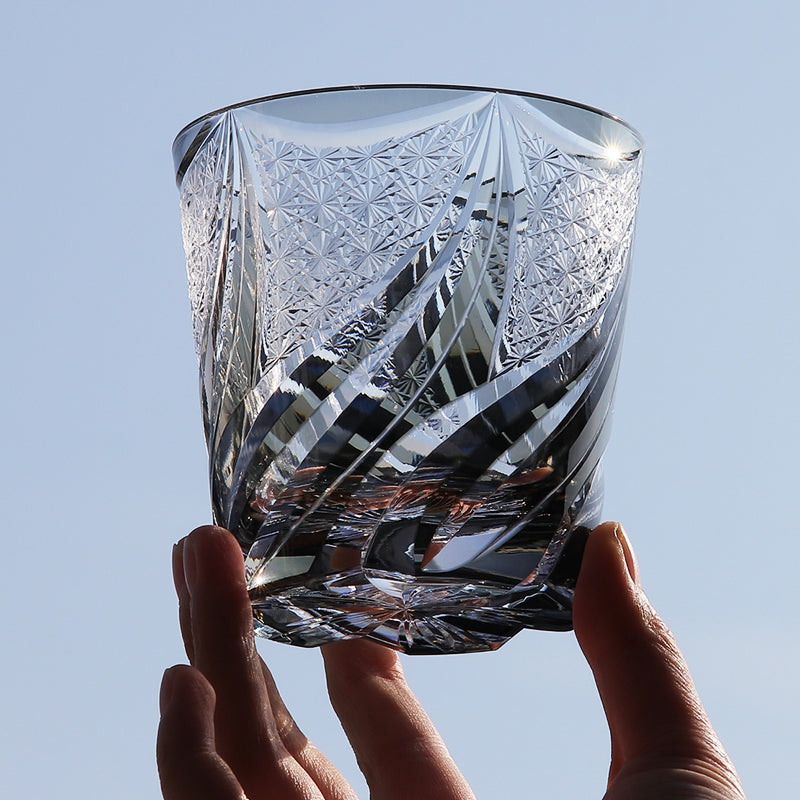 JP-139-2 11 oz Hand Cut and Grey Colored Whiskey Glass Tumbler Edo Kiriko Old Fashioned Glasses Gift Box