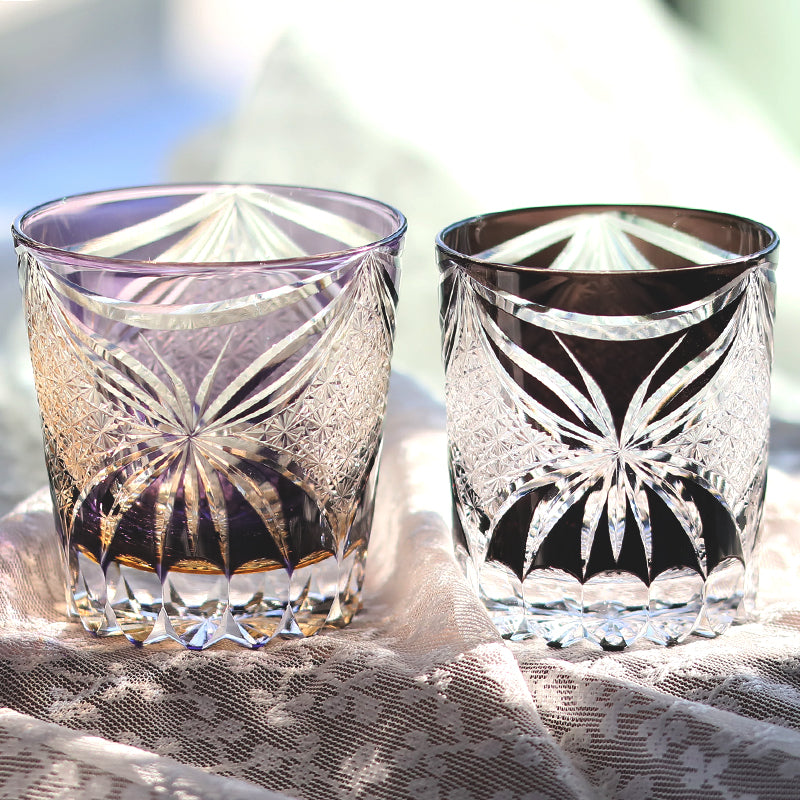 JP-132-1 Large 11 oz Janpanese Style Purple Old Fashioned Glass Whiskey Tumbler Edo Kiriko's Butterfly Chrysanthemum Mesh