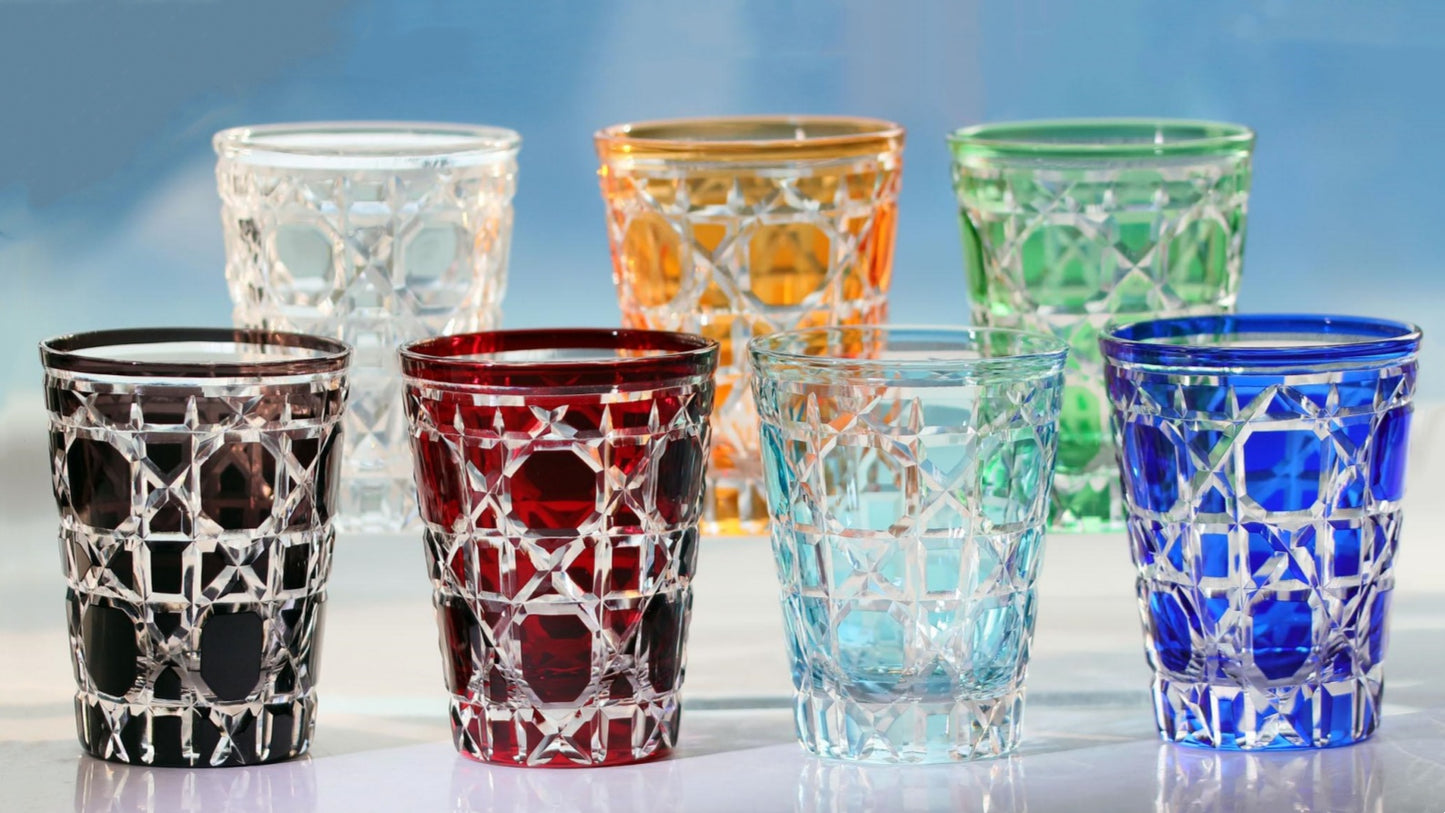 JP-045 Sky Blue Crystal Glass Water Tumbler Cocktail Whiskey Glass With Hand-engraved Cannage Design